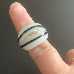 Murano White and Black Striped Ring with Gold Accent size 7